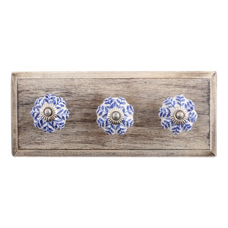 Blue Agapanthus Floral Ceramic Wooden Hooks